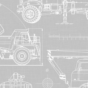 Large Scale / Construction Trucks Blueprint / Cool Grey Linen Textured Background