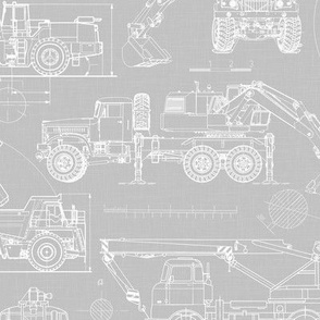 Medium Scale / Construction Trucks Blueprint / Cool Grey Linen Textured Background