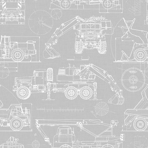Small Scale / Construction Trucks Blueprint / Cool Grey Linen Textured Background