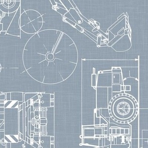 Large Scale / Rotated / Construction Trucks Blueprint / Dusty Blue Linen Textured Background