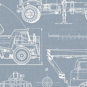 Large Scale / Construction Trucks Blueprint / Dusty Blue Linen Textured Background