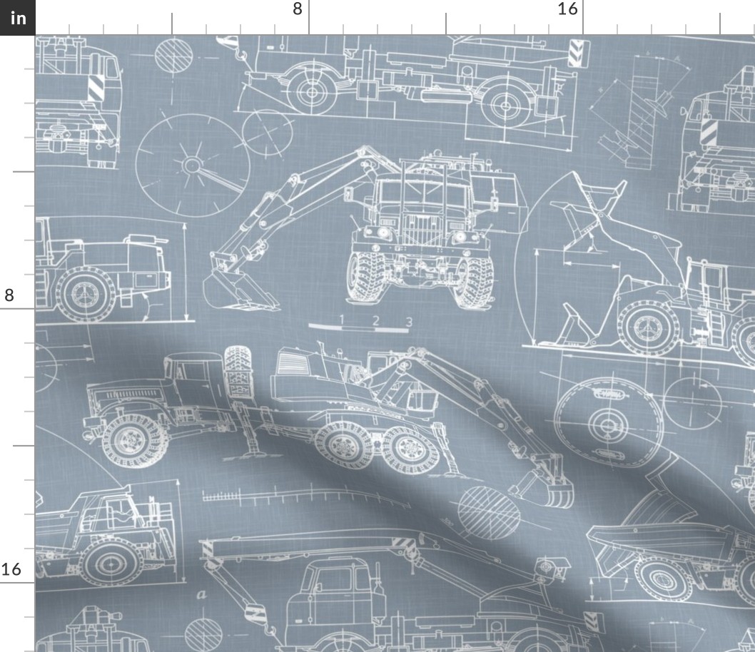 Large Scale / Construction Trucks Blueprint / Dusty Blue Linen Textured Background