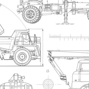 Large Scale / Construction Trucks Blueprint / Grey on White Background