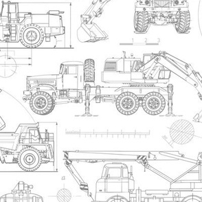 Medium Scale / Construction Trucks Blueprint / Grey on White Background