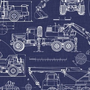 Medium Scale / Construction Trucks Blueprint / Navy Linen Textured Background