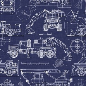 Small Scale / Construction Trucks Blueprint / Navy Linen Textured Background