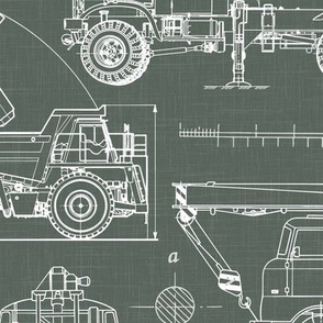 Large Scale / Construction Trucks Blueprint / Moss Green Linen Textured Background