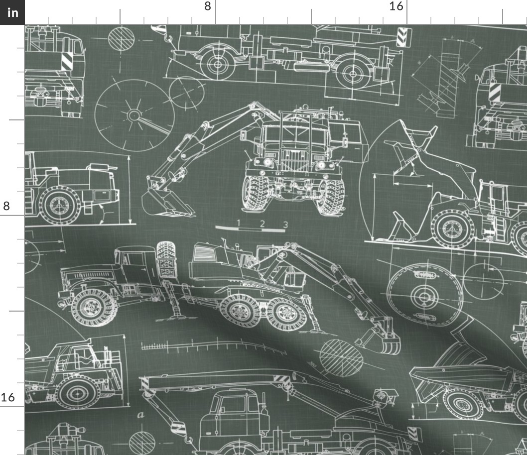 Large Scale / Construction Trucks Blueprint / Moss Green Linen Textured Background
