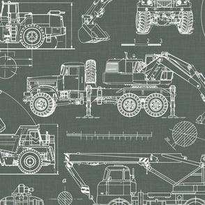 Medium Scale / Construction Trucks Blueprint / Moss Green Linen Textured Background
