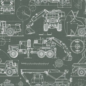 Small Scale / Construction Trucks Blueprint / Moss Green Linen Textured Background