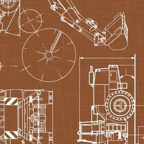 Large Scale / Rotated / Construction Trucks Blueprint / Rust Linen Textured Background