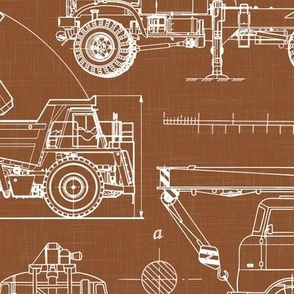 Large Scale / Construction Trucks Blueprint / Rust Linen Textured Background