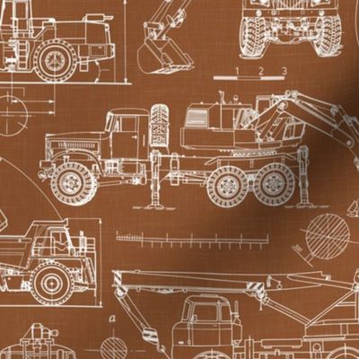 Medium Scale / Construction Trucks Blueprint / Rust Linen Textured Background