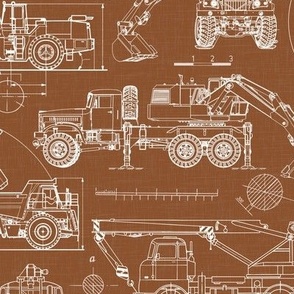 Medium Scale / Construction Trucks Blueprint / Rust Linen Textured Background