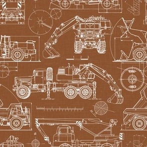 Small Scale / Construction Trucks Blueprint / Rust Linen Textured Background