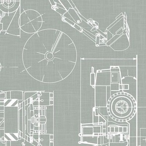 Large Scale / Rotated / Construction Trucks Blueprint / Sage Linen Textured Background