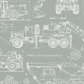 Medium Scale / Construction Trucks Blueprint / Sage Linen Textured Background