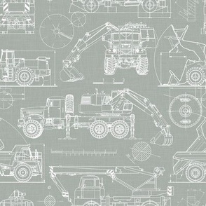 Small Scale / Construction Trucks Blueprint / Sage Linen Textured Background