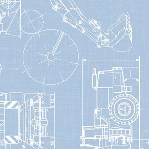 Large Scale / Rotated / Construction Trucks Blueprint / Sky Linen Textured Background