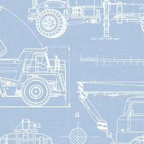 Large Scale / Construction Trucks Blueprint / Sky Linen Textured Background