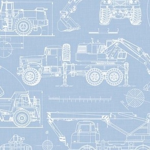 Medium Scale / Construction Trucks Blueprint / Sky Linen Textured Background