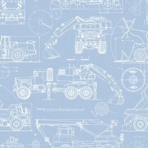 Small Scale / Construction Trucks Blueprint / Sky Linen Textured Background