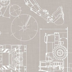Large Scale / Rotated / Construction Trucks Blueprint / Warm Grey Linen Textured Background
