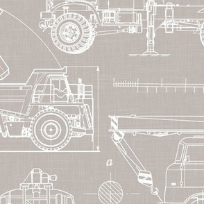 Large Scale / Construction Trucks Blueprint / Warm Grey Linen Textured Background