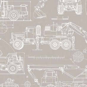 Medium Scale / Construction Trucks Blueprint / Warm Grey Linen Textured Background