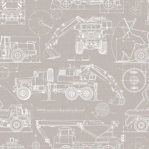 Small Scale / Construction Trucks Blueprint / Warm Grey Linen Textured Background