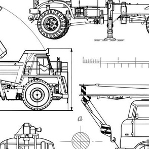 Large Scale / Construction Trucks Blueprint / Black on White Background