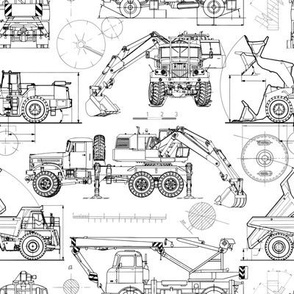 Small Scale / Construction Trucks Blueprint / Black on White Background