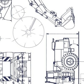 Large Scale / Rotated / Construction Trucks Blueprint / Navy on White Background