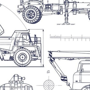 Large Scale / Construction Trucks Blueprint / Navy on White Background