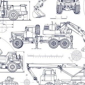 Medium Scale / Construction Trucks Blueprint / Navy on White Background