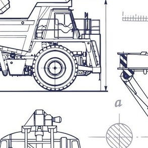 Small Scale / Construction Trucks Blueprint / Navy on White Background