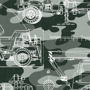 Large Scale / Construction Trucks Blueprint / Olive Khaki Sage Camouflage Linen Textured Background