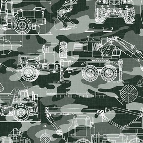 Medium Scale / Construction Trucks Blueprint / Olive Khaki Sage Camouflage Linen Textured Background