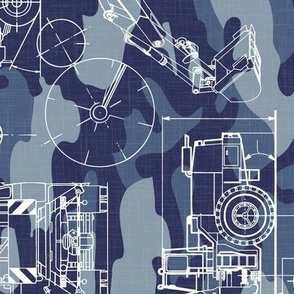 Large Scale / Rotated / Construction Trucks Blueprint / Navy Blue Camouflage Linen Textured Background