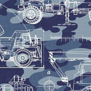 Large Scale / Construction Trucks Blueprint / Navy Blue Camouflage Linen Textured Background