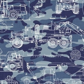 Medium Scale / Construction Trucks Blueprint / Navy Blue Camouflage Linen Textured Background