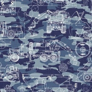 Small Scale / Construction Trucks Blueprint / Navy Blue Camouflage Linen Textured Background