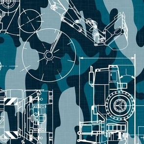 Large Scale / Rotated / Construction Trucks Blueprint / Petrol Teal Blue Camouflage Linen Textured Background