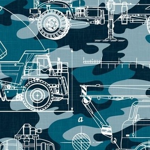 Large Scale / Construction Trucks Blueprint / Petrol Teal Blue Camouflage Linen Textured Background