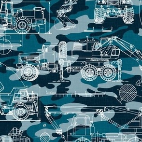 Medium Scale / Construction Trucks Blueprint / Petrol Teal Blue Camouflage Linen Textured Background