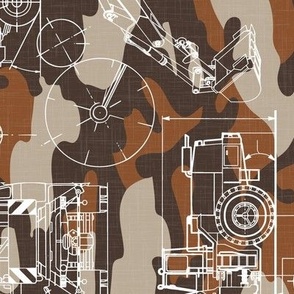 Large Scale / Rotated / Construction Trucks Blueprint / Rust Maroon Beige Camouflage Linen Textured Background