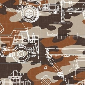 Large Scale / Construction Trucks Blueprint / Rust Maroon Beige Camouflage Linen Textured Background