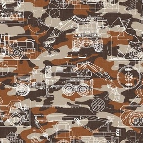 Small Scale / Construction Trucks Blueprint / Rust Maroon Beige Camouflage Linen Textured Background