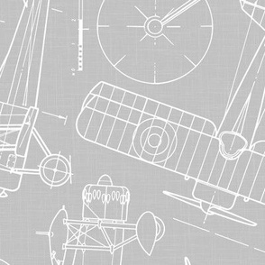 Large Scale / Rotated / Vintage Aircraft Blueprint / Cool Grey Linen Textured Background