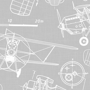 Large Scale / Vintage Aircraft Blueprint / Cool Grey Linen Textured Background